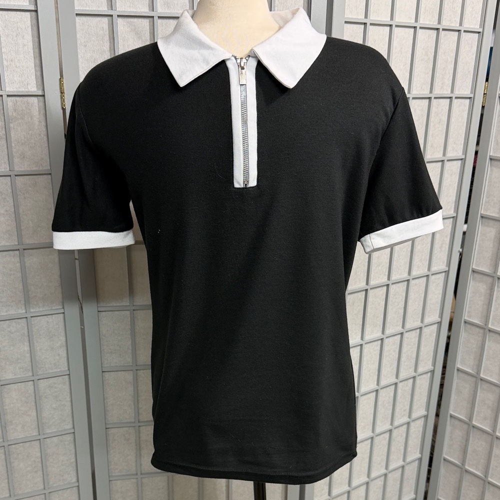 Black Polo with White Collar & Zip Front
